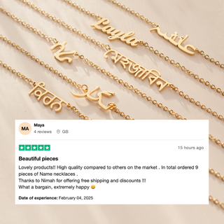 an image of the Arabic name necklaces along with a review from a customer